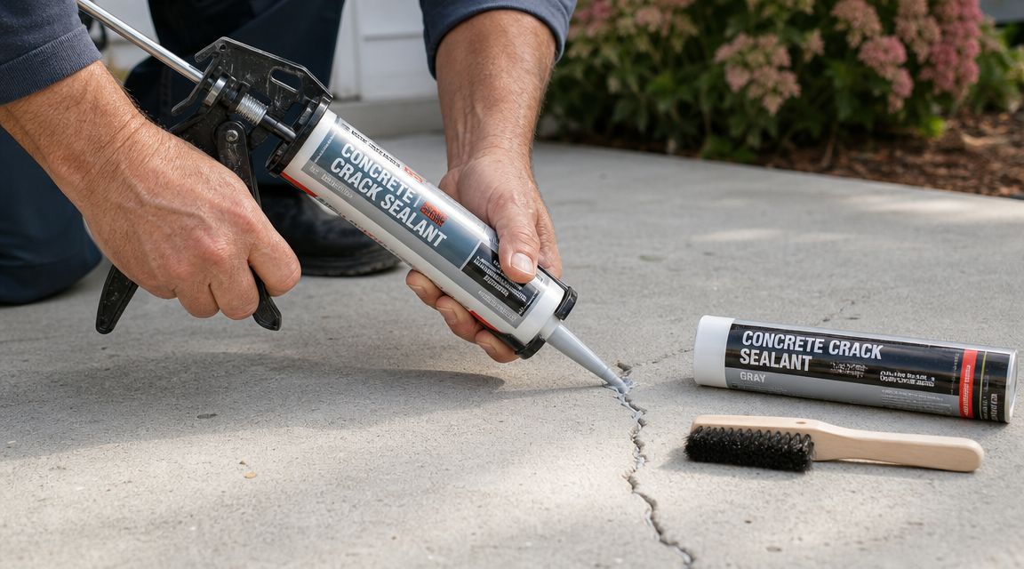A person uses a caulk gun to apply concrete crack sealant to a sidewalk crack.