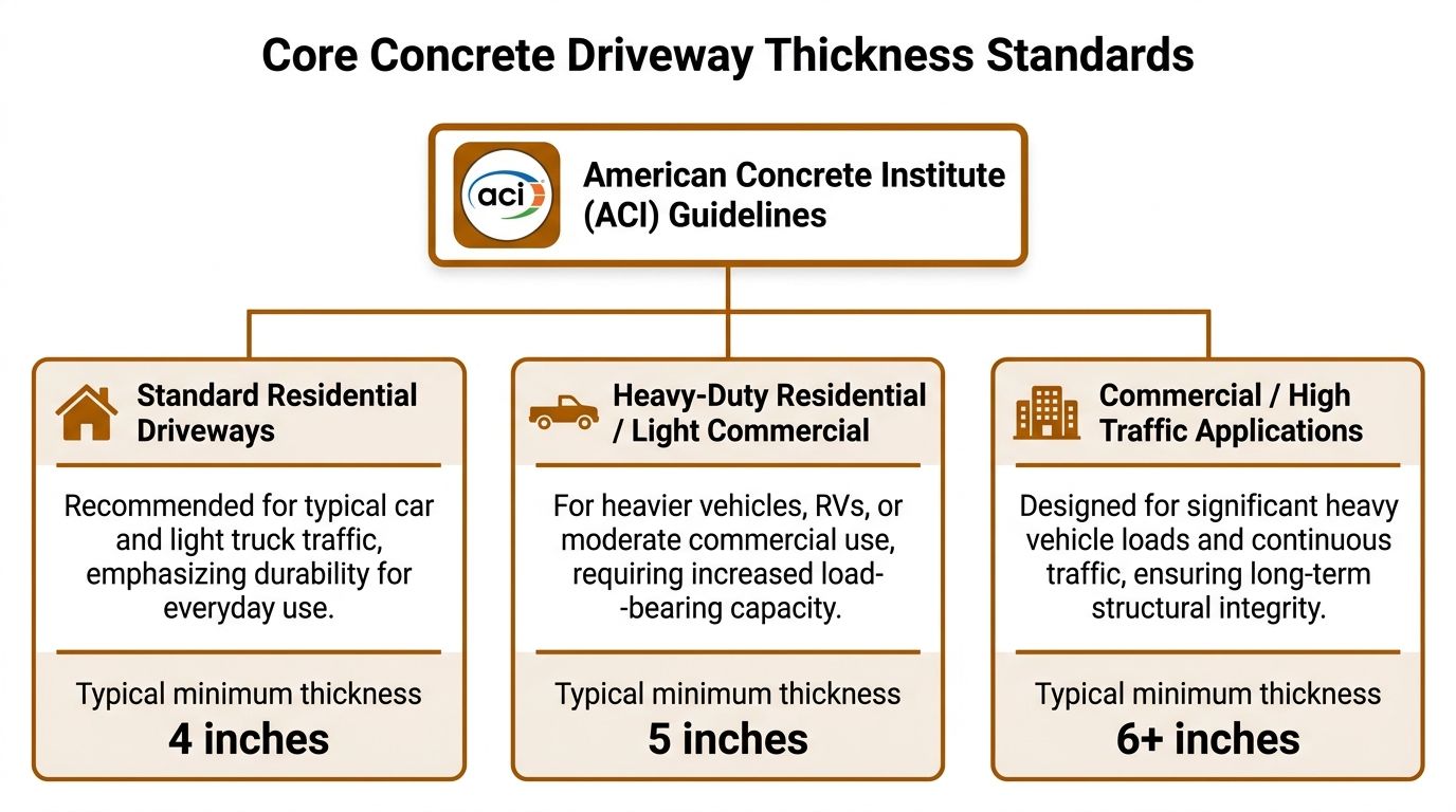 A chart showing ACI standards for concrete driveway thickness based on different vehicle traffic and usage requirements.