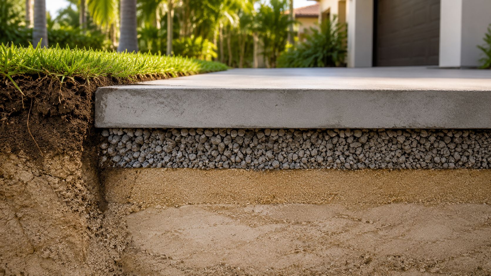 A cross-section view showing the layers of a concrete driveway base with soil and gravel foundation.