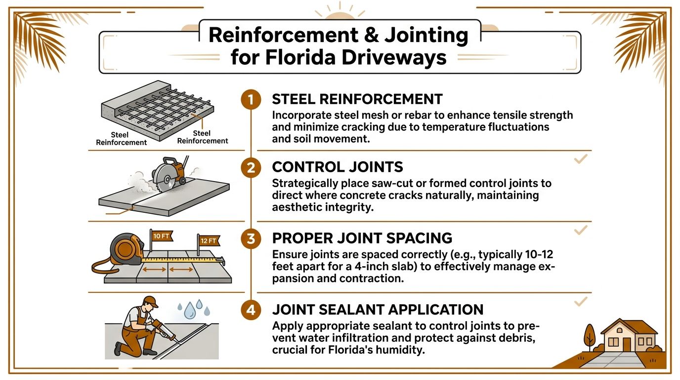 An infographic showing four steps for reinforcing and jointing concrete driveways to prevent cracks in Florida.