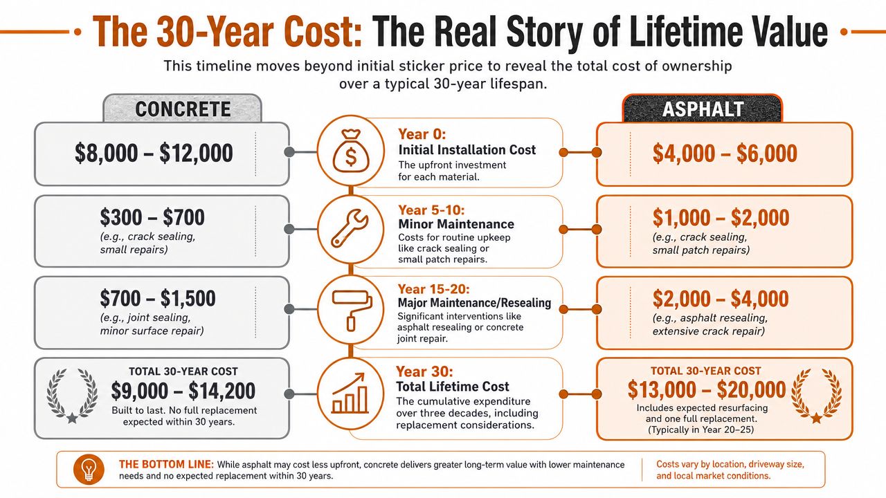 A comparison chart showing the 30-year lifetime cost of concrete versus asphalt driveway installation and maintenance.