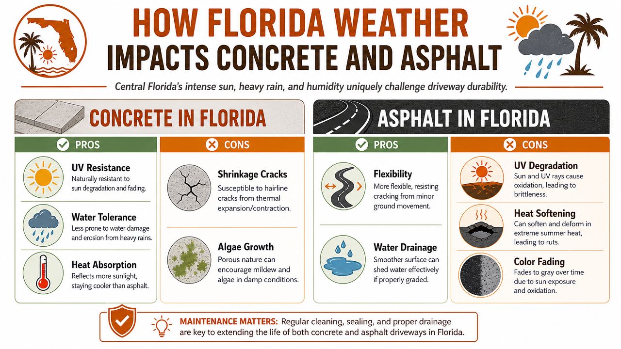 An infographic explaining the pros and cons of concrete versus asphalt driveways in the Florida climate.