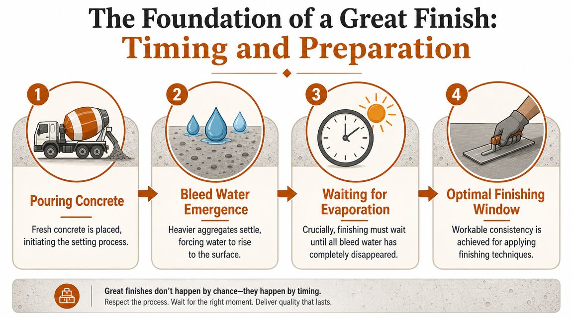 A four-step infographic illustrating the professional process of timing and preparation for finishing concrete surfaces.