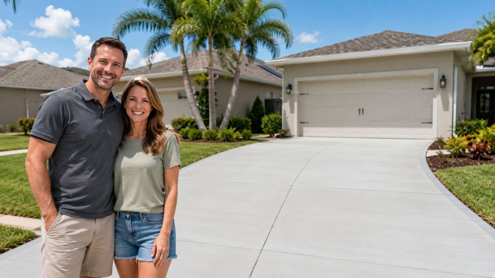 A happy couple posing in front of their newly installed concrete driveway at their residential home.