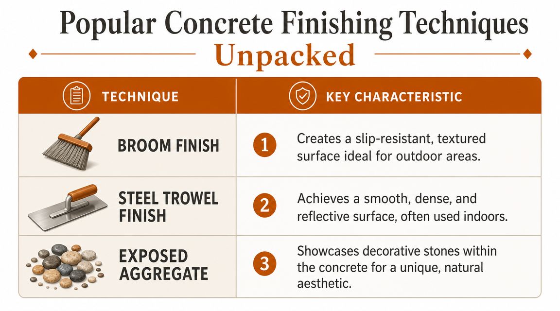 A chart showing three popular concrete finishing techniques: broom finish, steel trowel finish, and exposed aggregate.