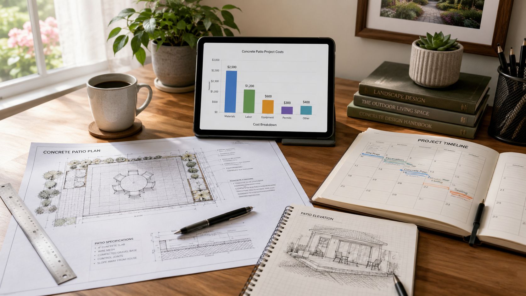 A workspace featuring architectural blueprints, a project timeline calendar, and a tablet displaying concrete patio cost statistics.