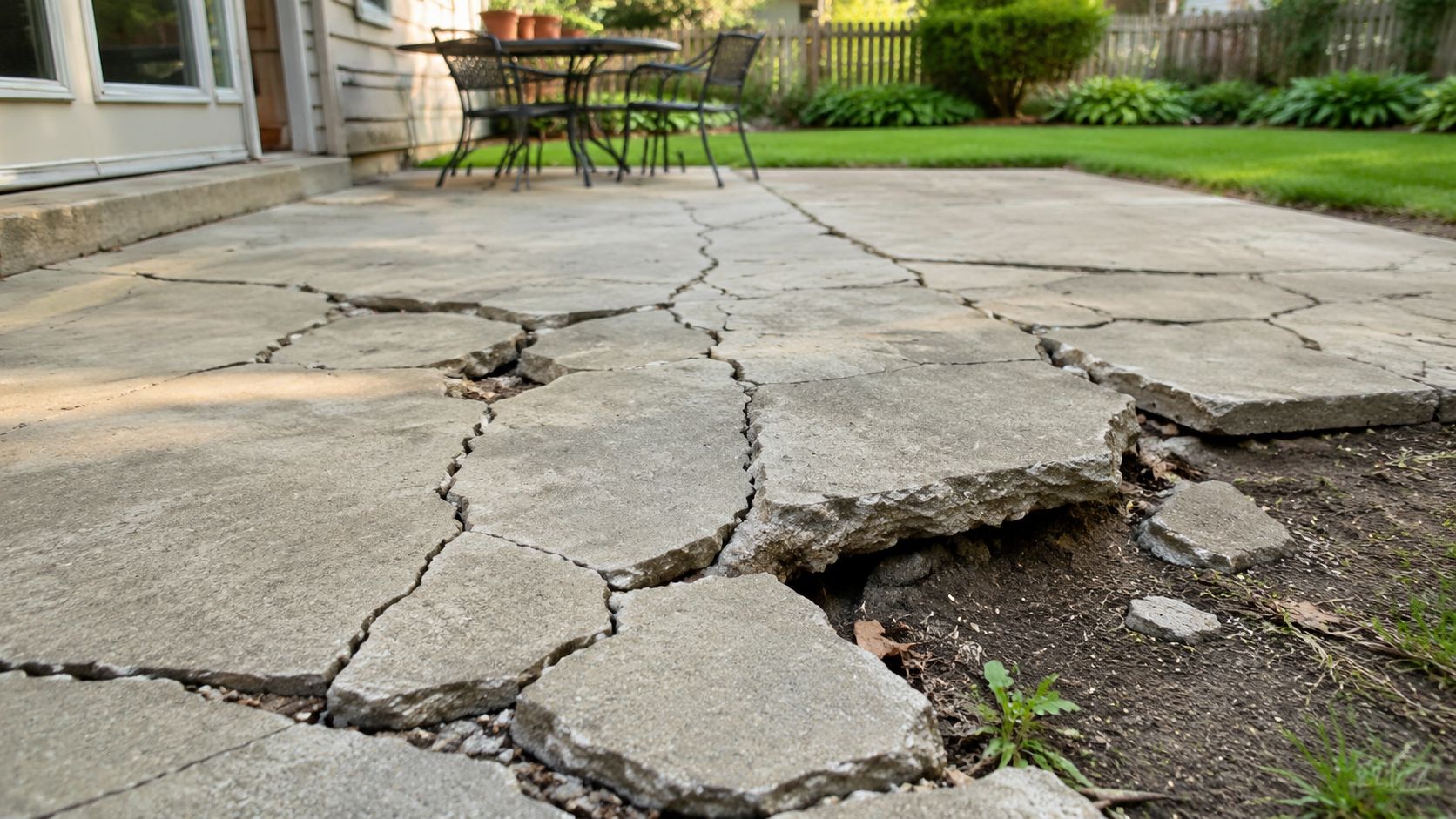A severely cracked and broken concrete patio floor needing repair in a suburban backyard setting.