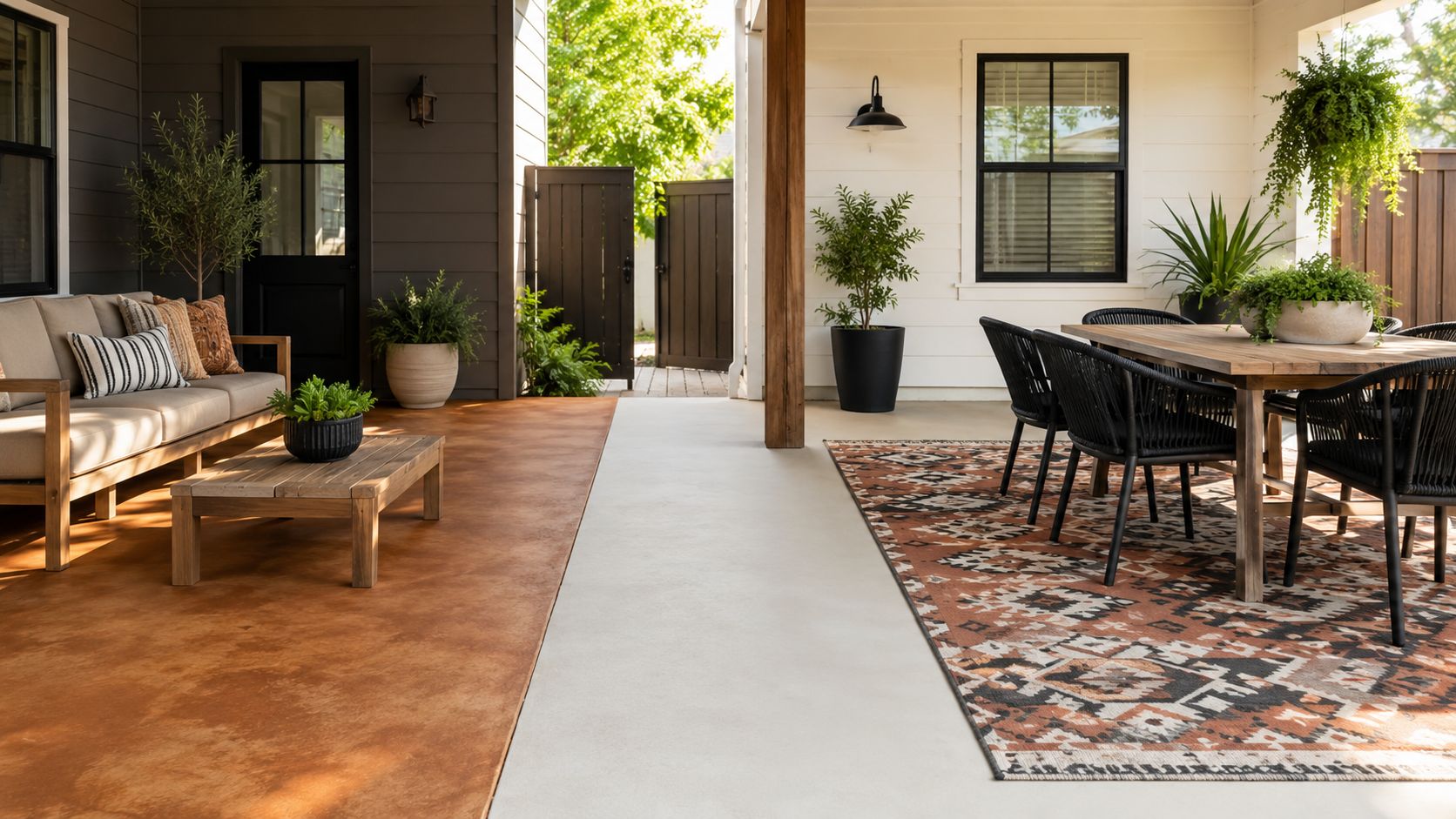 A modern outdoor patio featuring a stained concrete floor, comfortable lounge seating, and a wooden dining set.