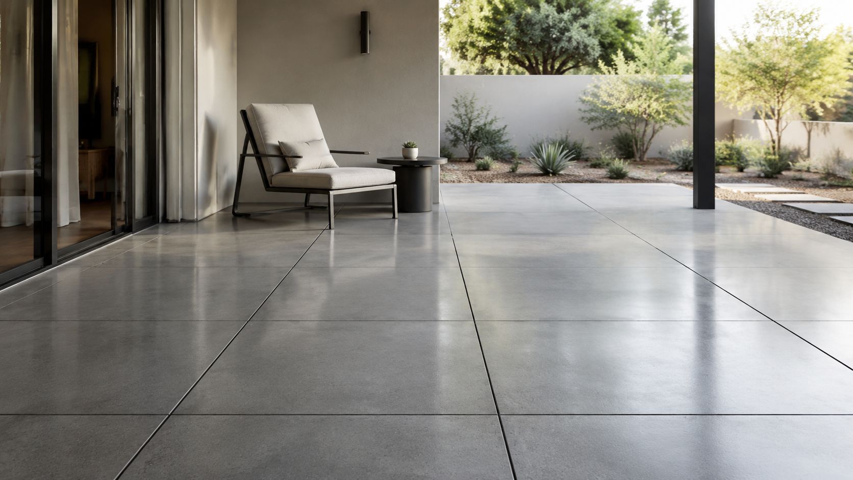 A modern outdoor concrete patio featuring a single lounge chair and a minimalist side table near glass doors.