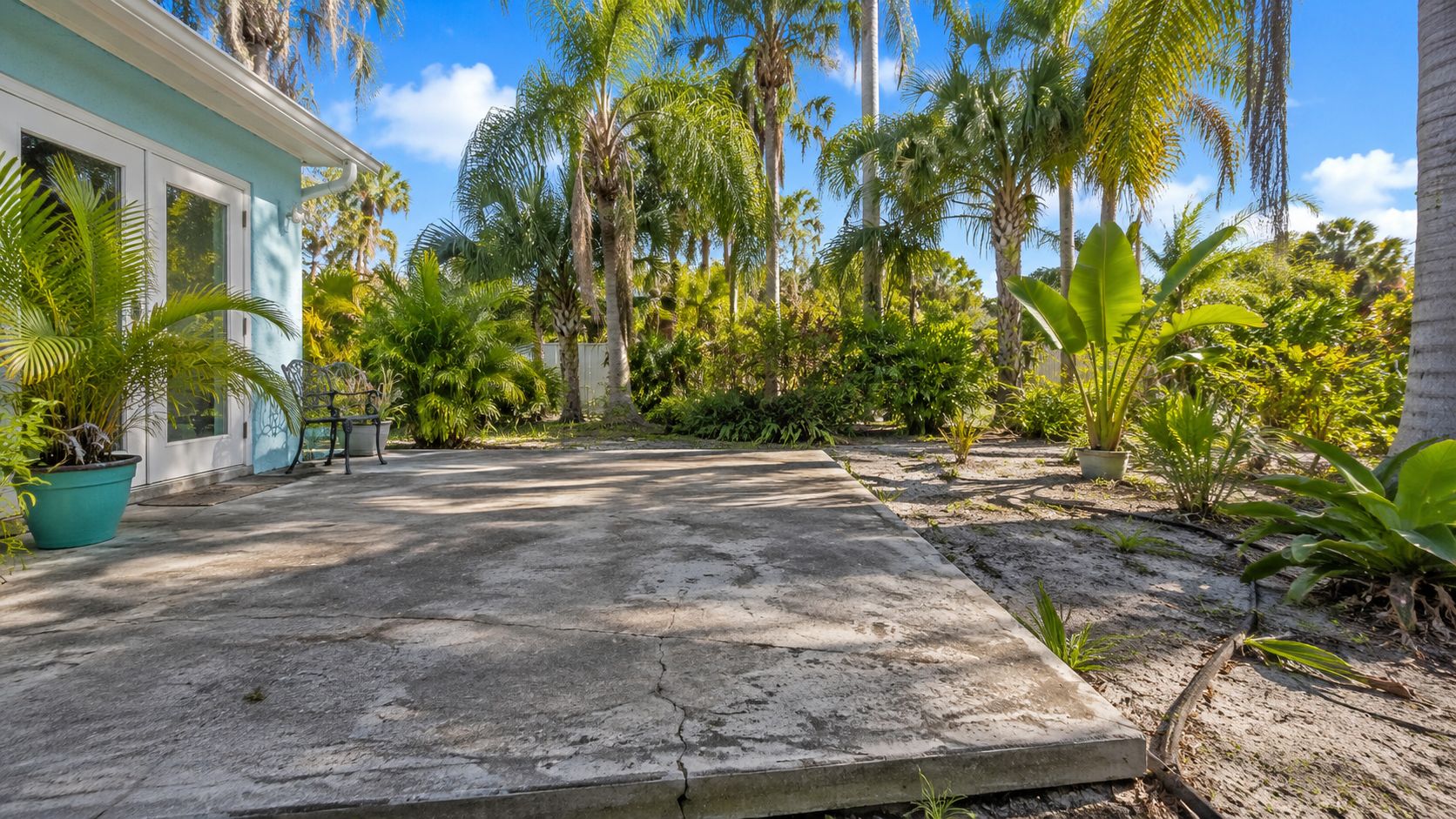 A concrete patio slab in a backyard with tropical palm trees and a light blue house exterior.