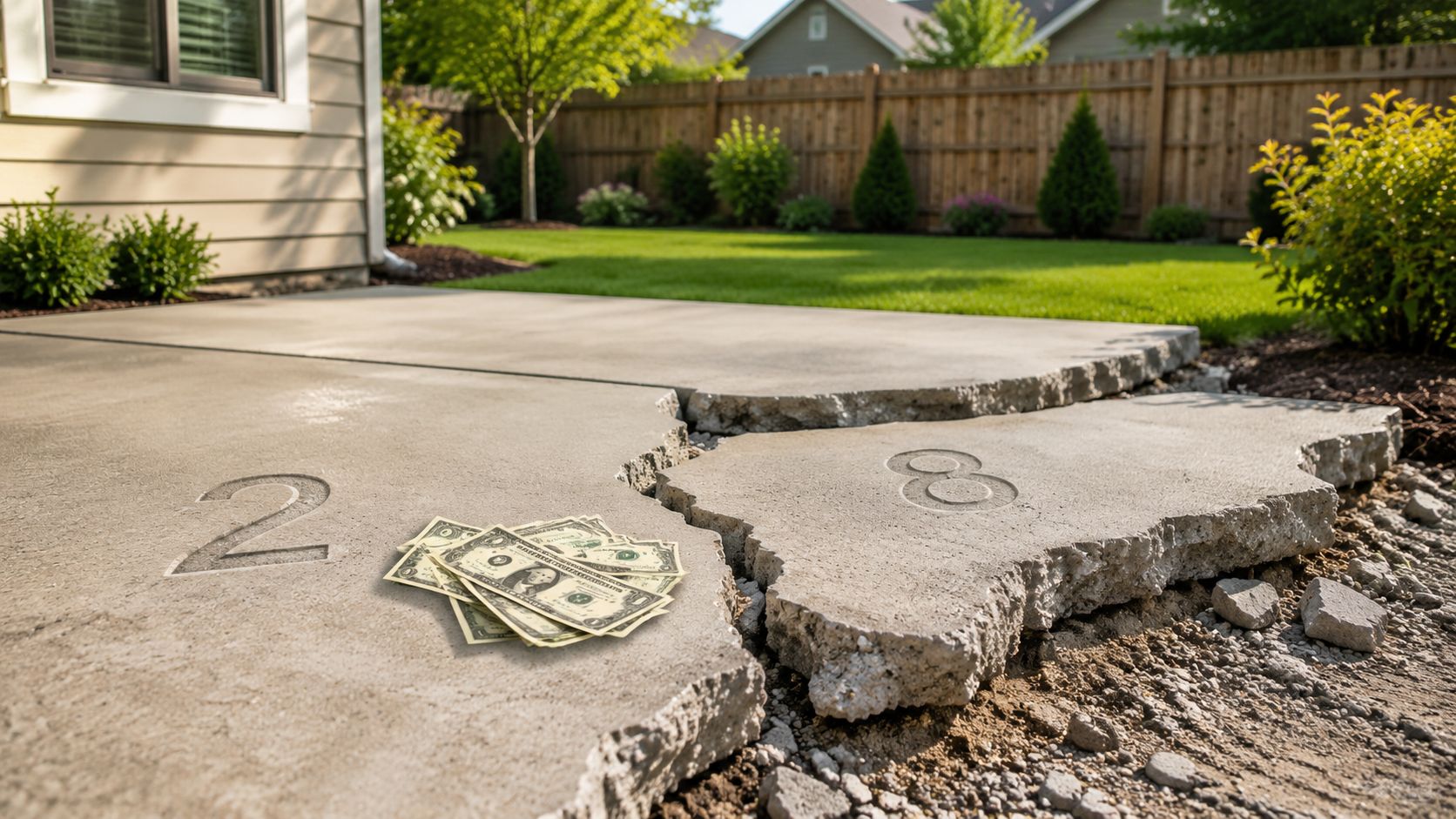 A cracked concrete patio with a stack of dollar bills, representing home renovation and repair costs.