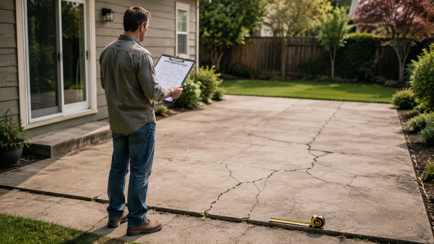 A man holds a patio removal plan while inspecting a large, cracked concrete patio in a backyard.