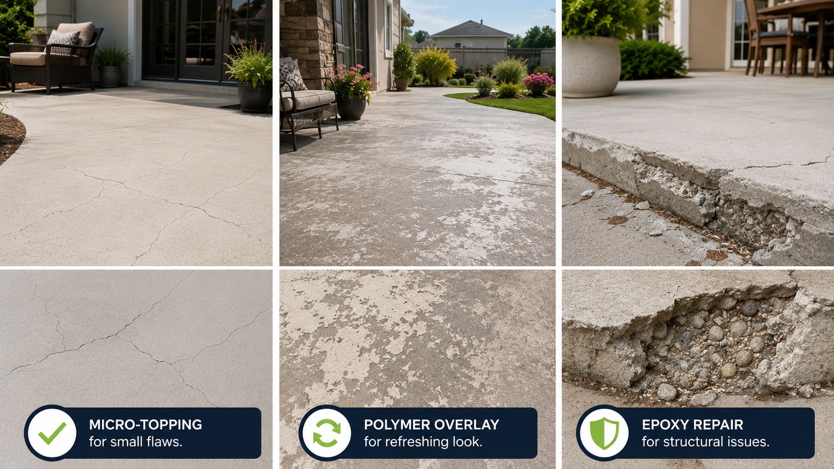 A collage showing three different types of concrete patio damage and their corresponding repair solutions.