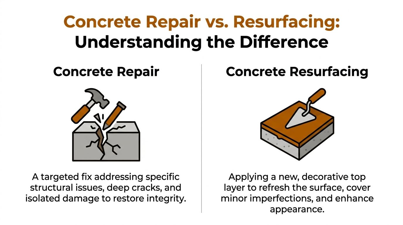 A comparison infographic explaining the differences between concrete repair and concrete resurfacing for home maintenance.