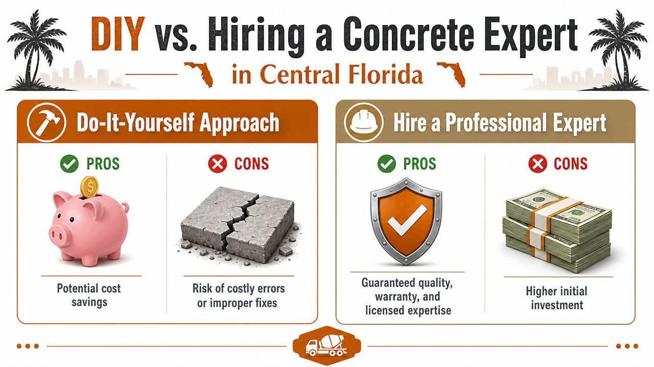 A comparison chart showing the pros and cons of DIY versus hiring a professional concrete expert.