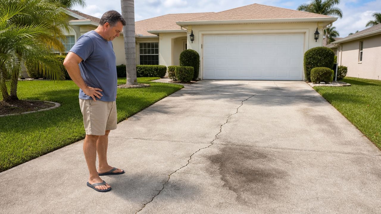A man stands on a residential driveway looking down at a large crack in the concrete surface.
