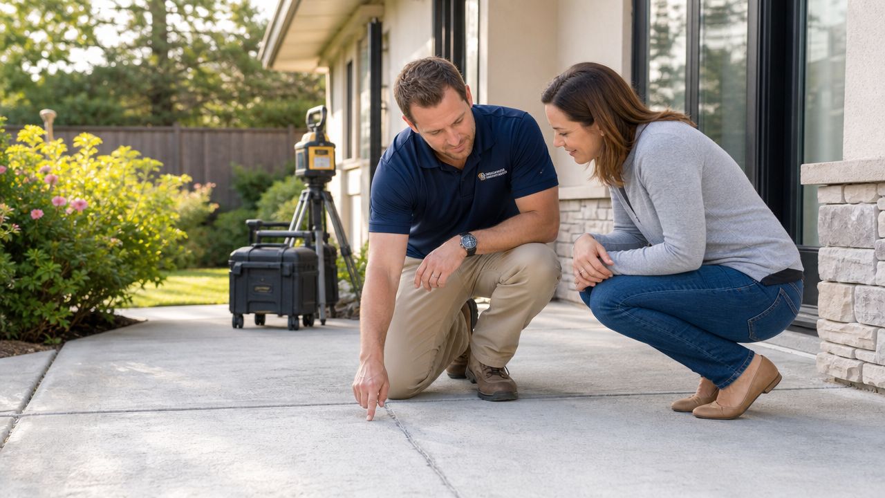 A professional concrete specialist points out a crack in the patio to a concerned homeowner during inspection.