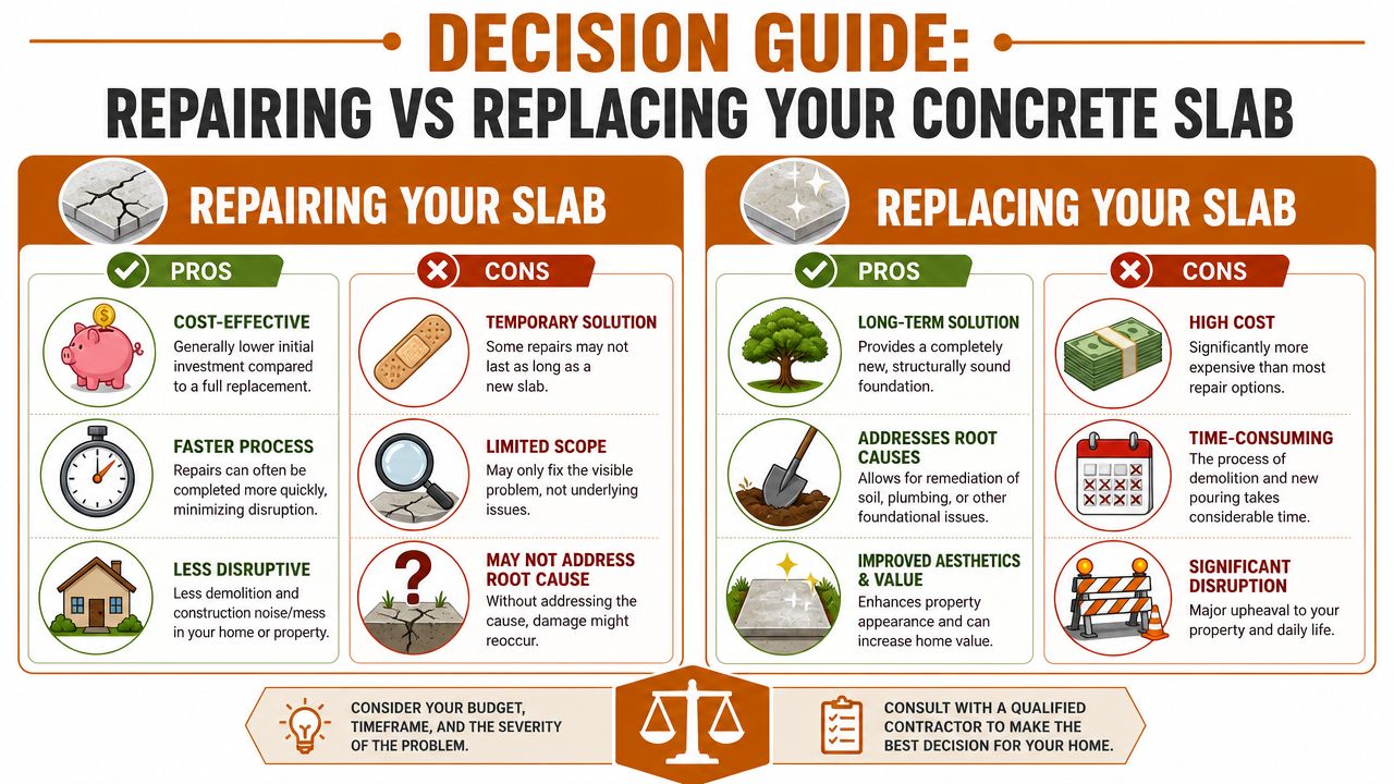A decision guide infographic comparing the pros and cons of repairing versus replacing a concrete slab.