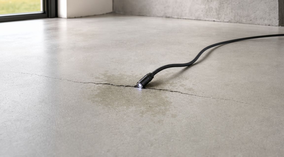 A fiber optic inspection camera probe inserted into a crack in a smooth concrete floor surface.