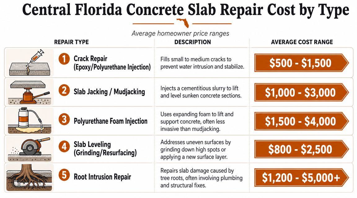 A chart detailing the average homeowner cost ranges for five types of concrete slab repair services.