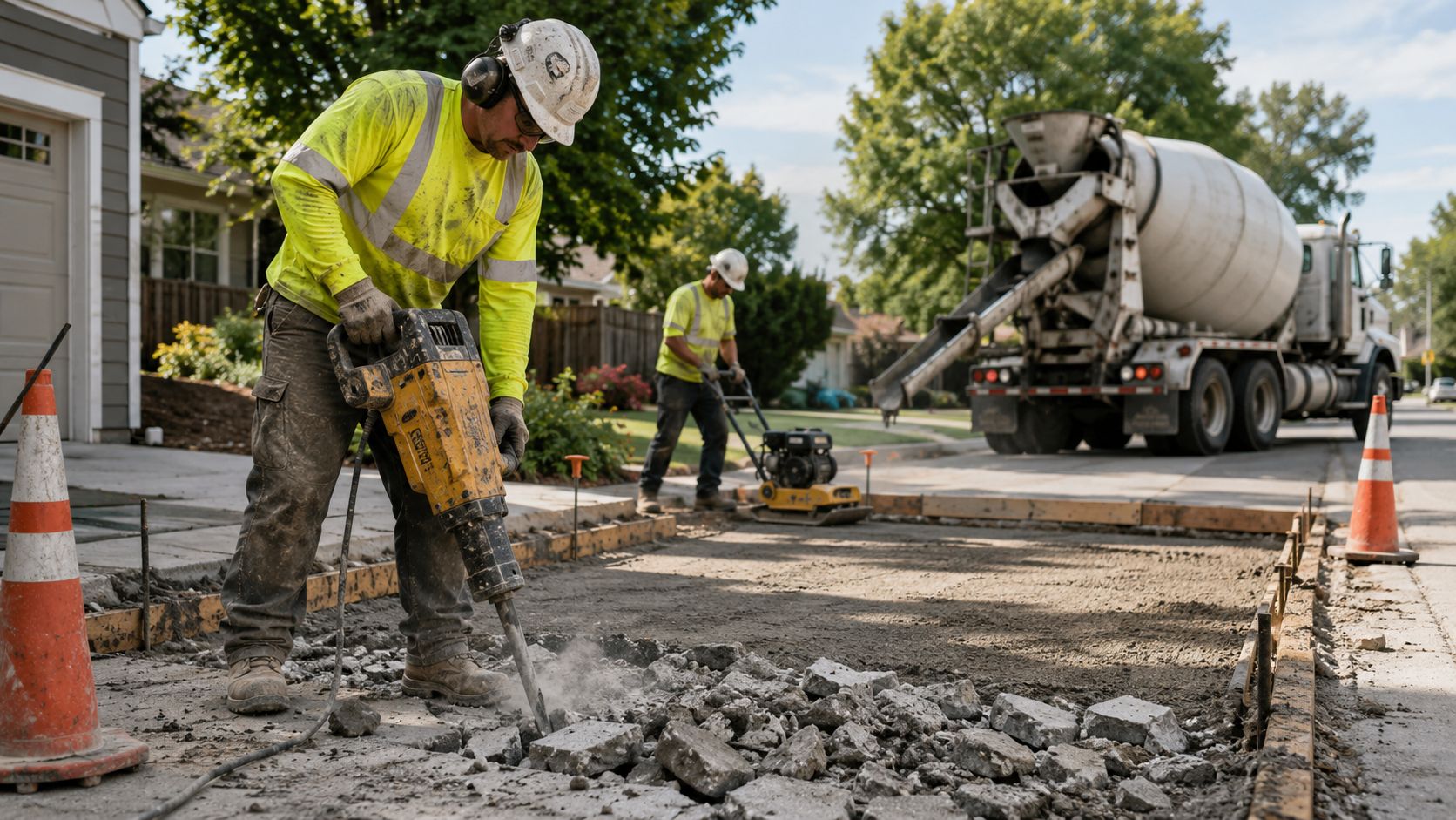 Construction workers using heavy equipment for concrete slab replacement on a residential street during the day.