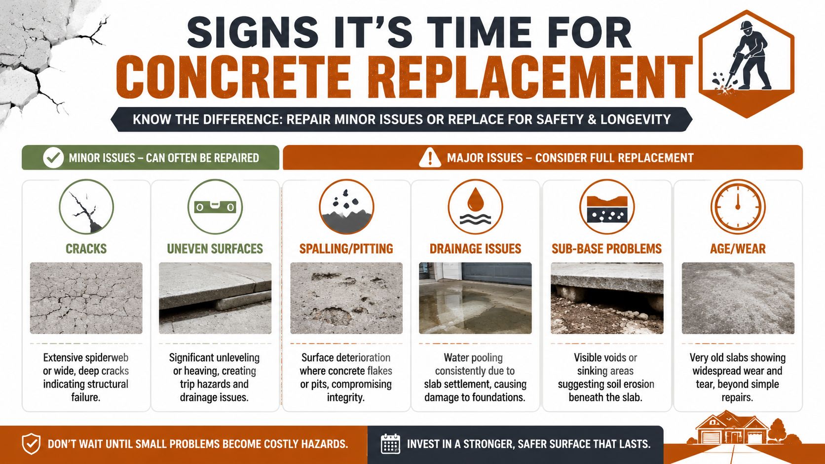 An infographic detailing signs indicating when to repair or replace a damaged concrete slab for home safety.