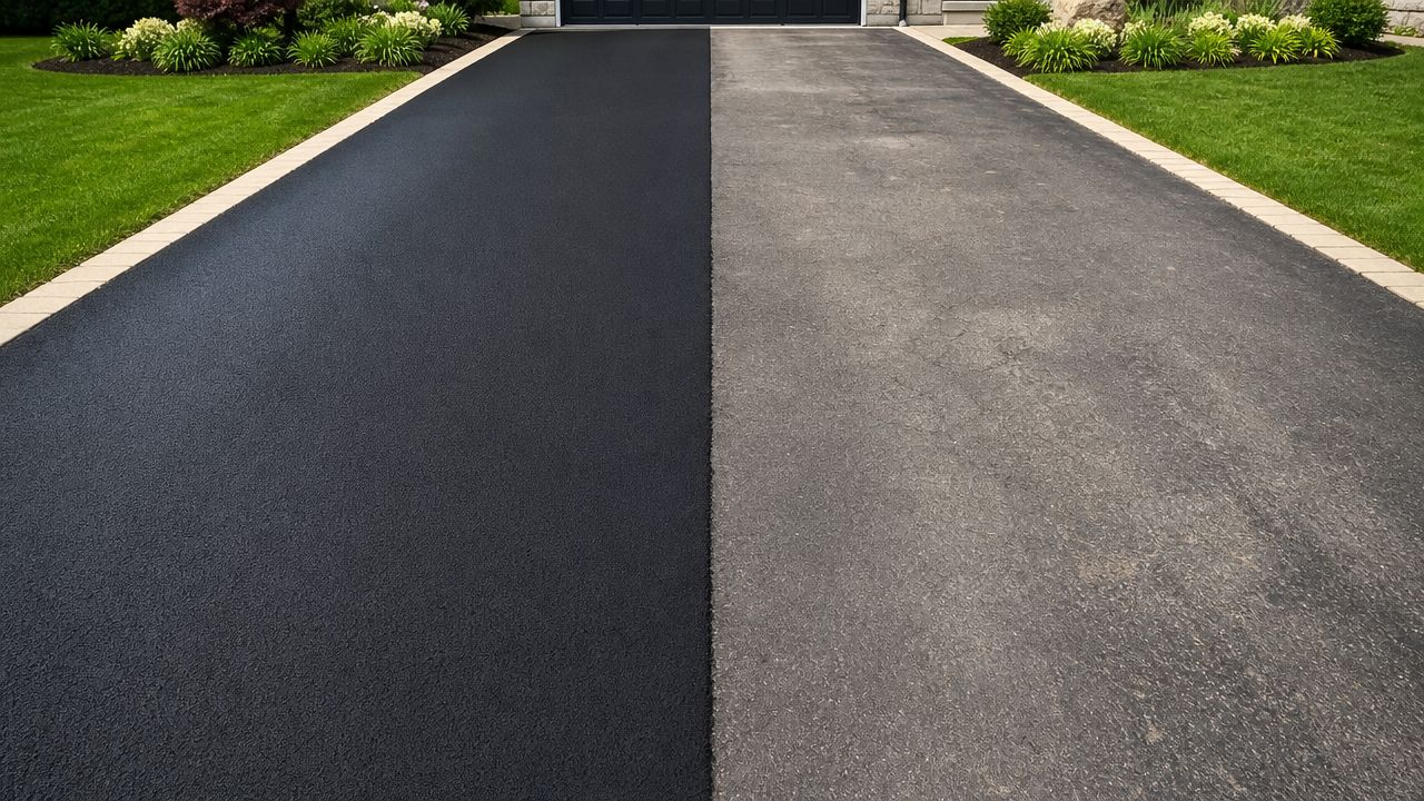 A split view comparison showing a freshly sealed dark asphalt driveway versus an old worn gray driveway.