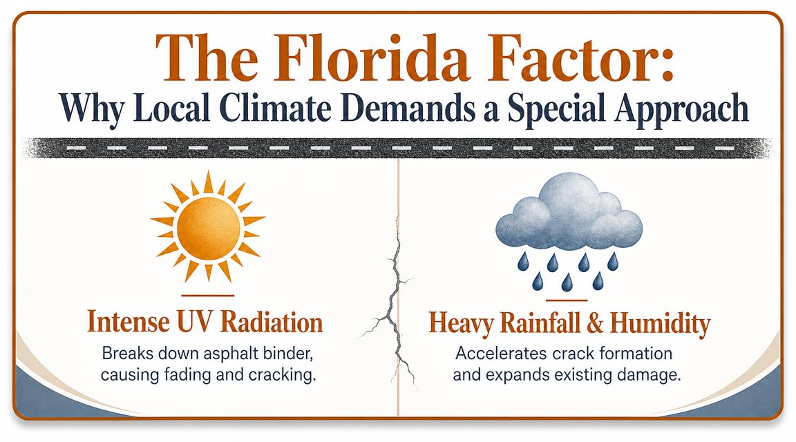 An infographic detailing how Florida's intense UV radiation, heavy rainfall, and humidity cause asphalt driveway damage.