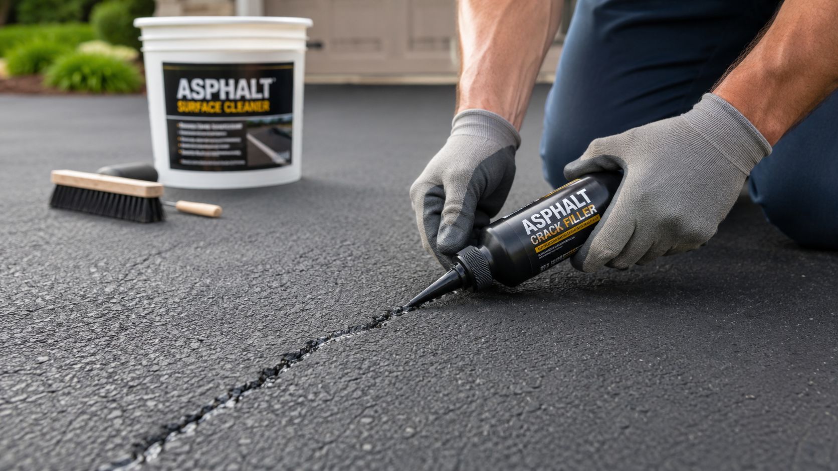 A person wearing gloves fills a crack in an asphalt driveway using a bottle of crack filler.