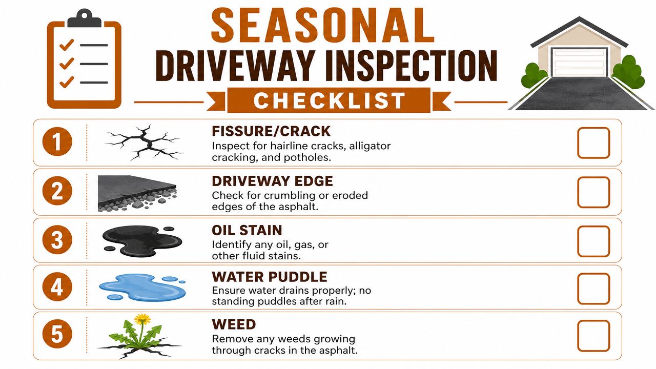 A professional infographic titled seasonal driveway inspection checklist illustrating five key areas for pavement maintenance.