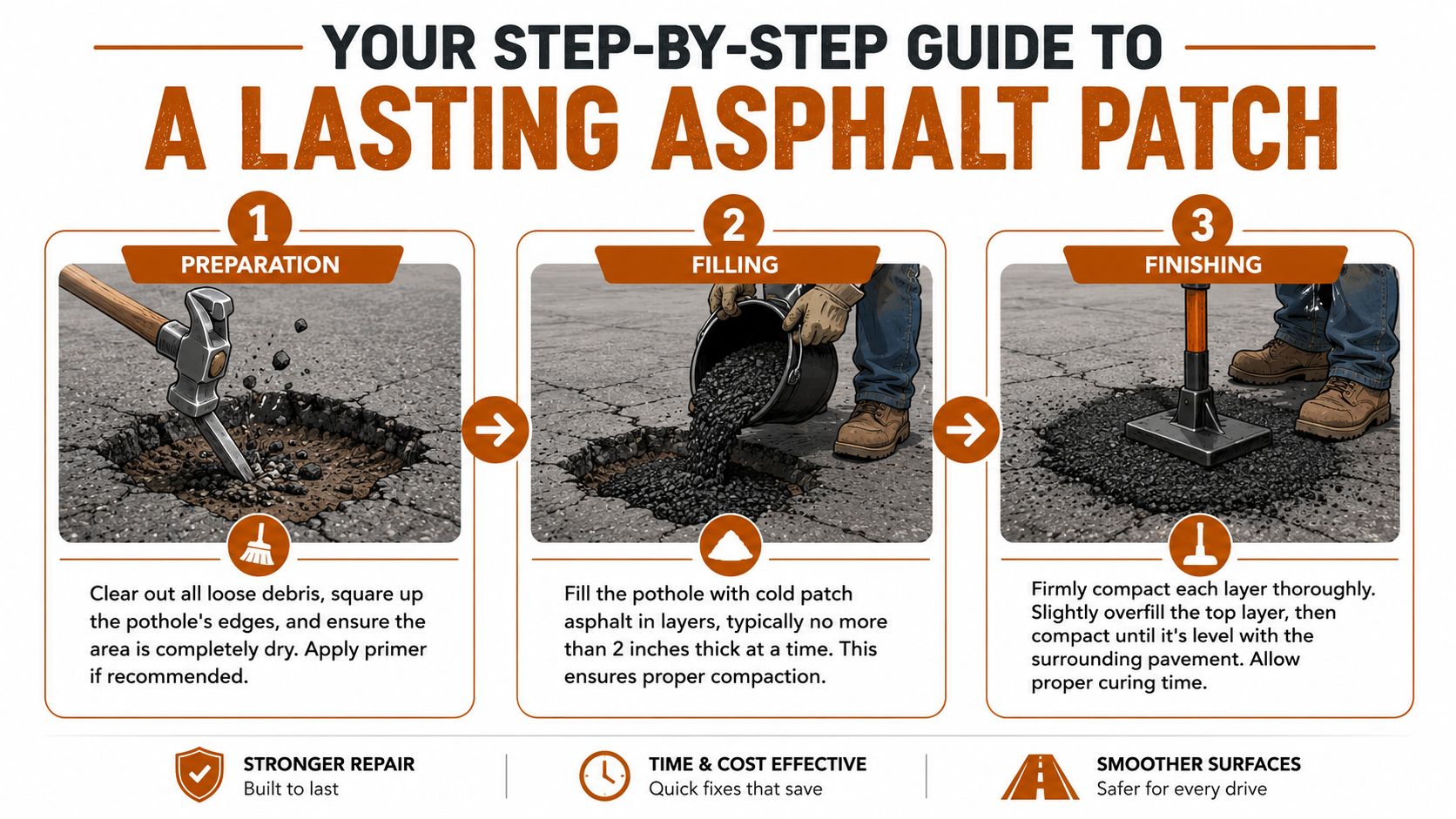 A three-step infographic showing how to repair asphalt potholes with preparation, filling, and finishing steps.