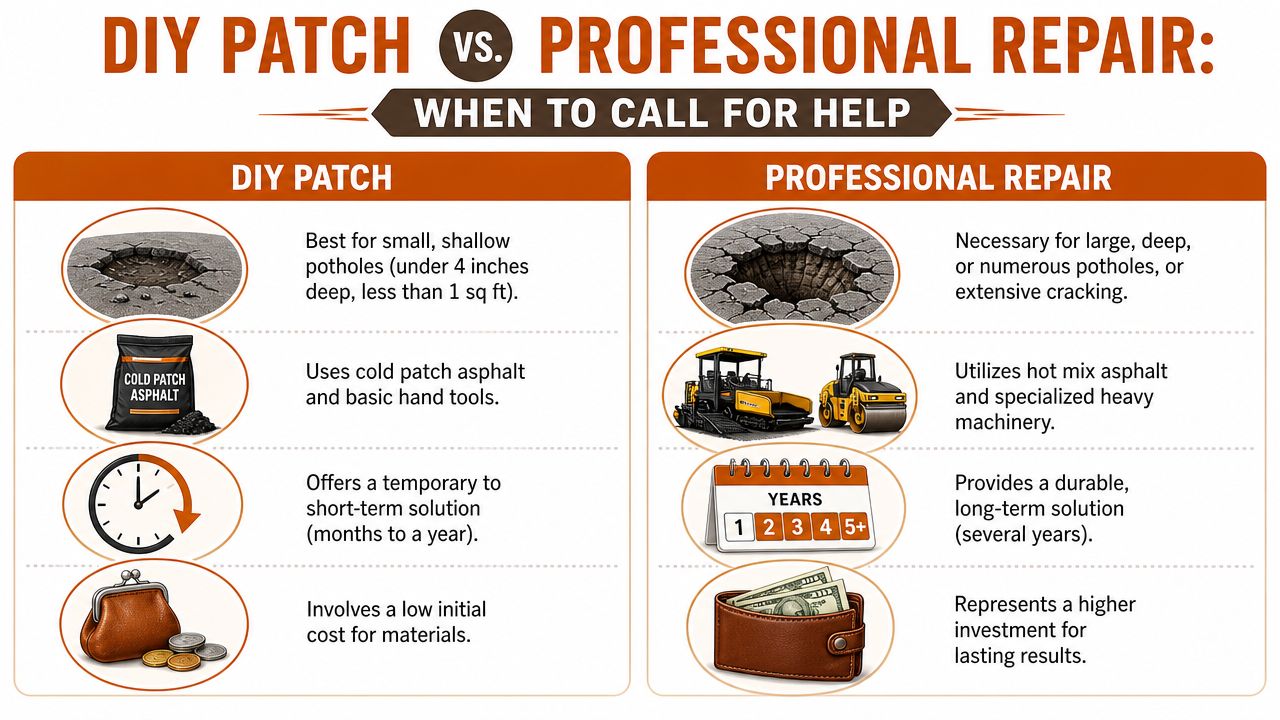 A comparison infographic between DIY pothole patching and professional asphalt repair solutions with key differences.