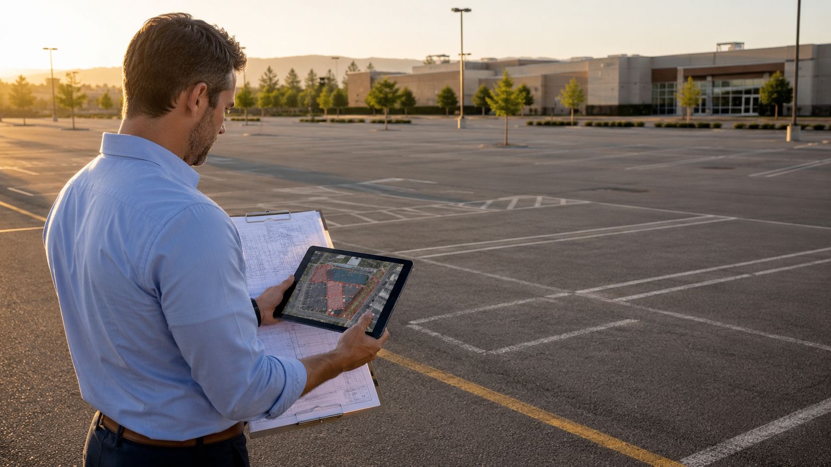 A civil engineer inspecting a parking lot design using a tablet and paper blueprints outdoors at sunset.