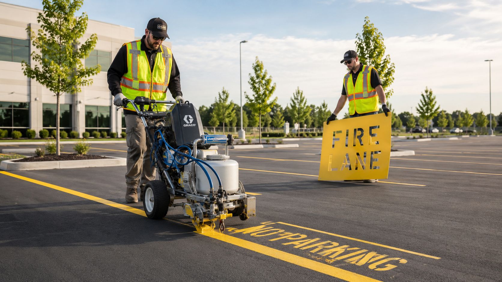 Two workers in high-visibility vests painting parking lot markings with a line striper machine and stencil.