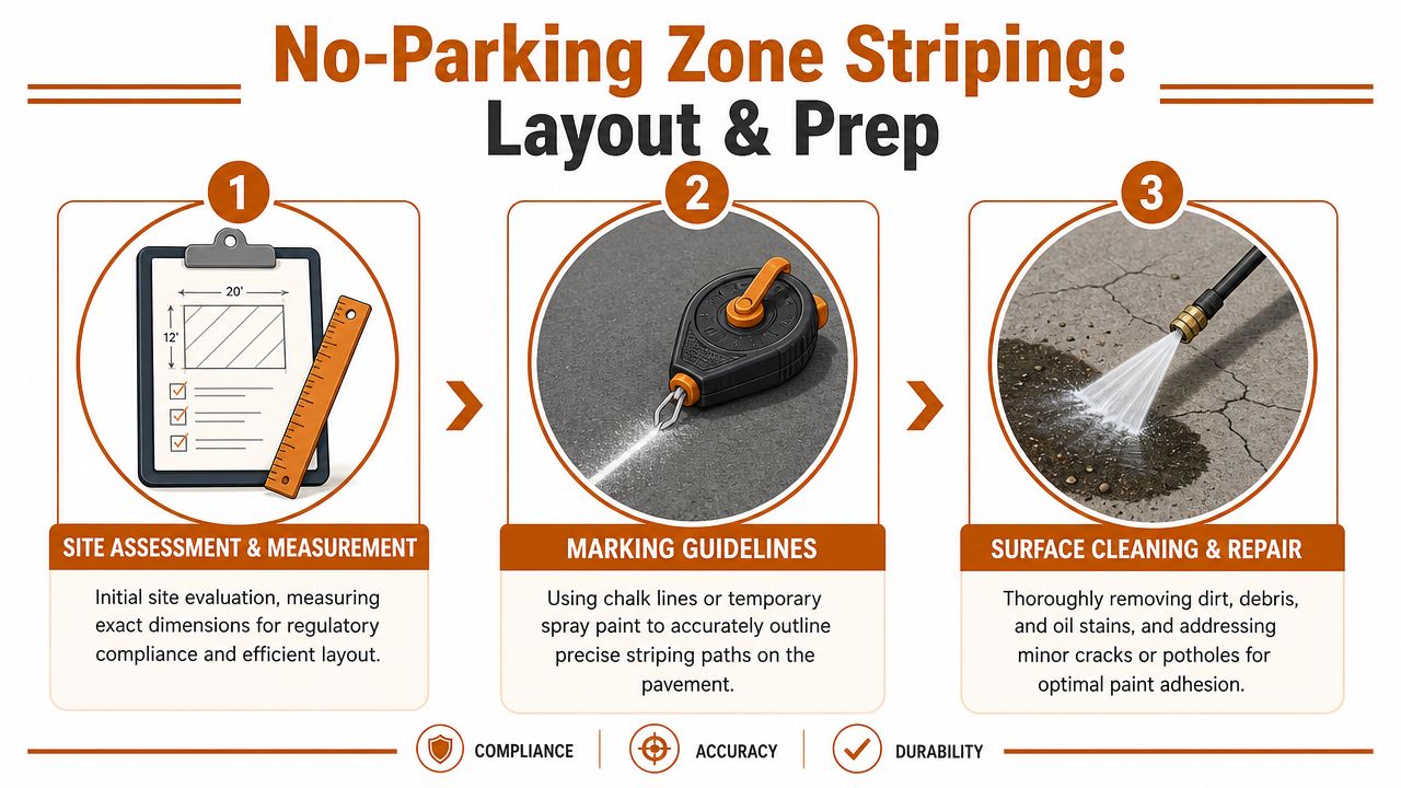 A three-step infographic explaining the process of layout and preparation for no-parking zone striping on pavement.