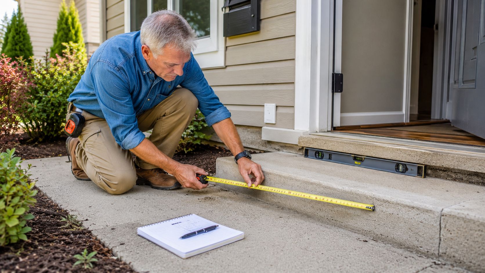 A professional builder measuring the concrete steps outside a house using a tape measure and level.