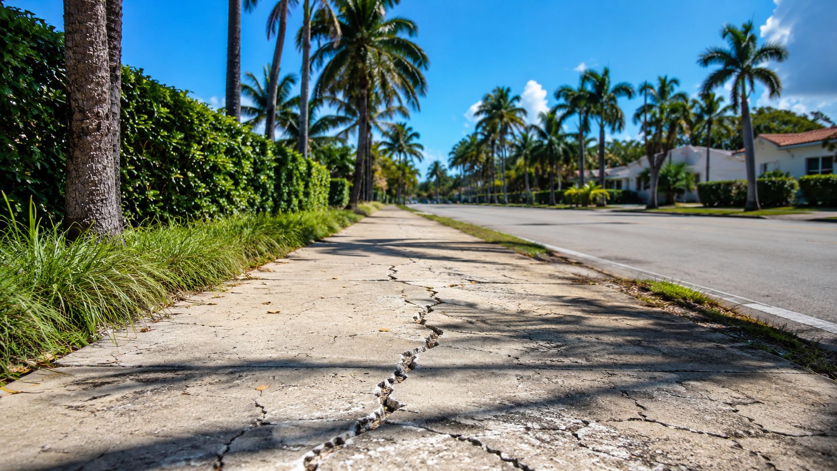A cracked concrete sidewalk lined with lush green bushes and palm trees along a sunny residential street.