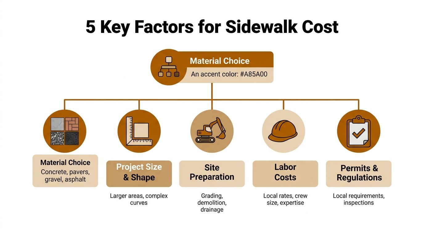 A diagram outlining five key factors that influence the overall cost of sidewalk installation and construction.