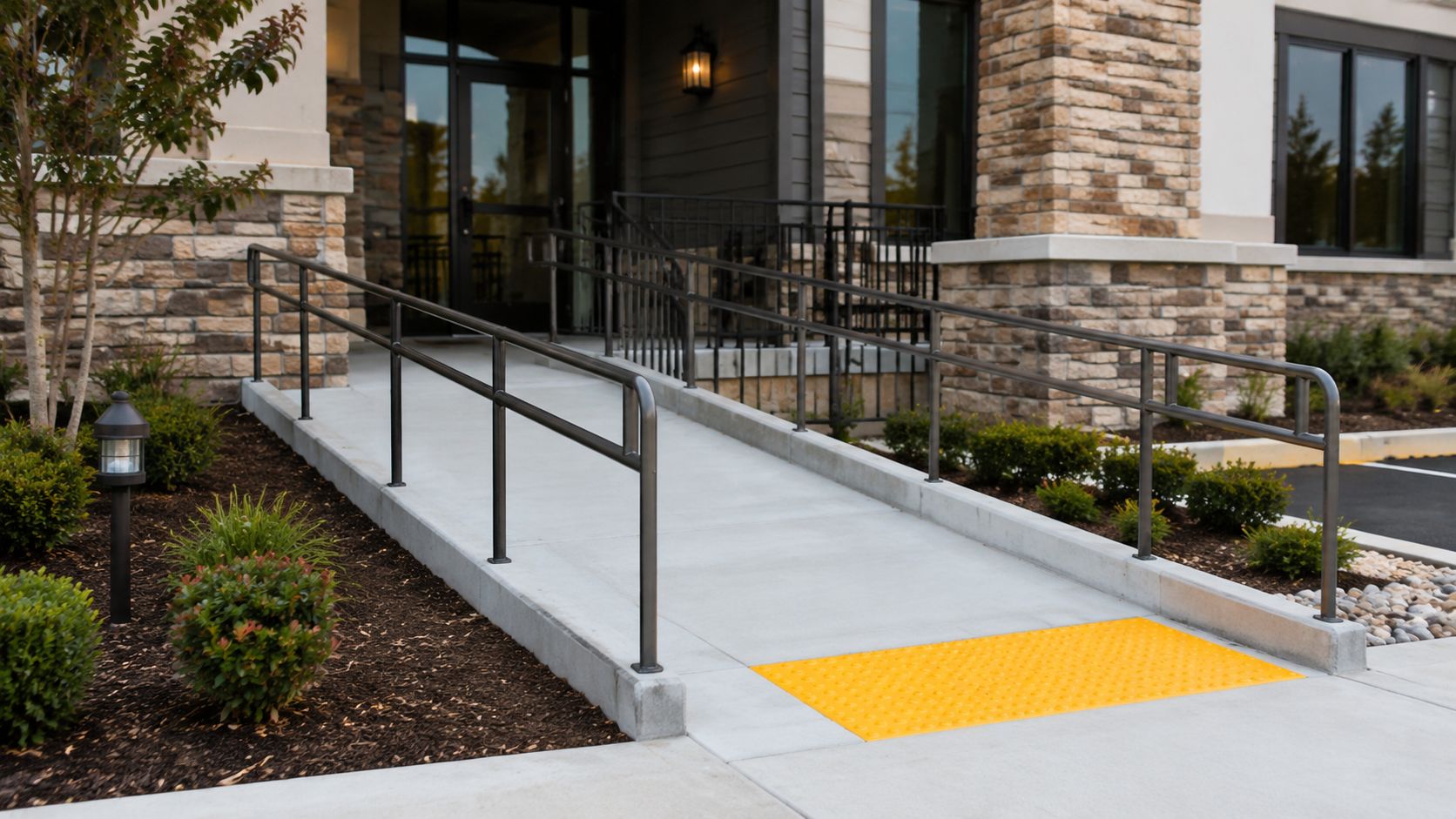 A concrete building entrance ramp featuring a metal handrail and a bright yellow tactile warning surface.