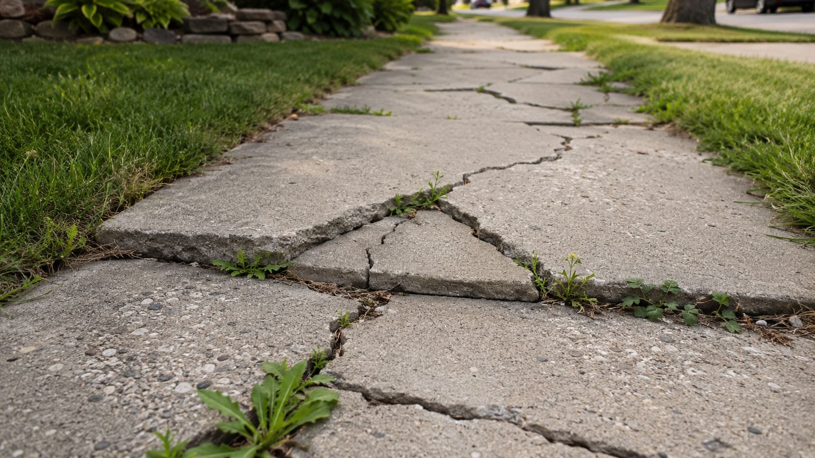A damaged concrete sidewalk with multiple cracks and weeds growing through the fissures in the path.