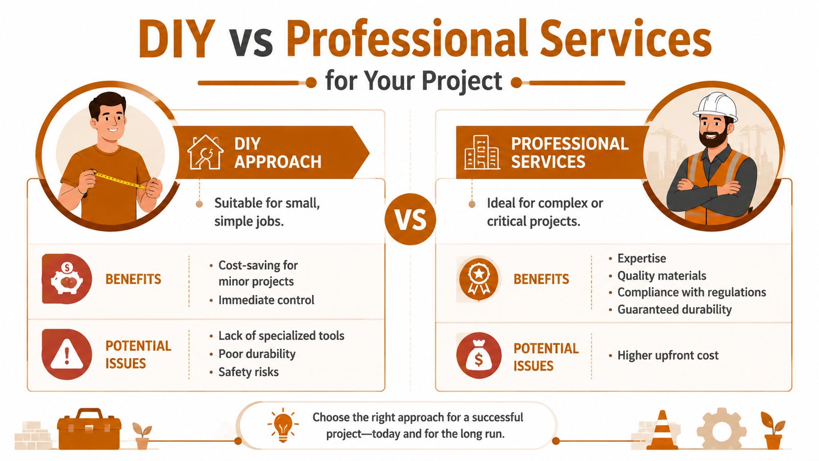 A comparison infographic between DIY and professional services for project management and construction planning.