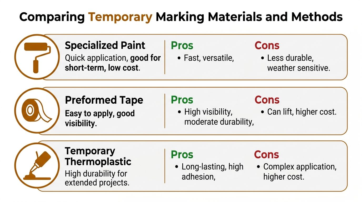 A comparison chart outlining the pros and cons of specialized paint, preformed tape, and temporary thermoplastic marking materials.