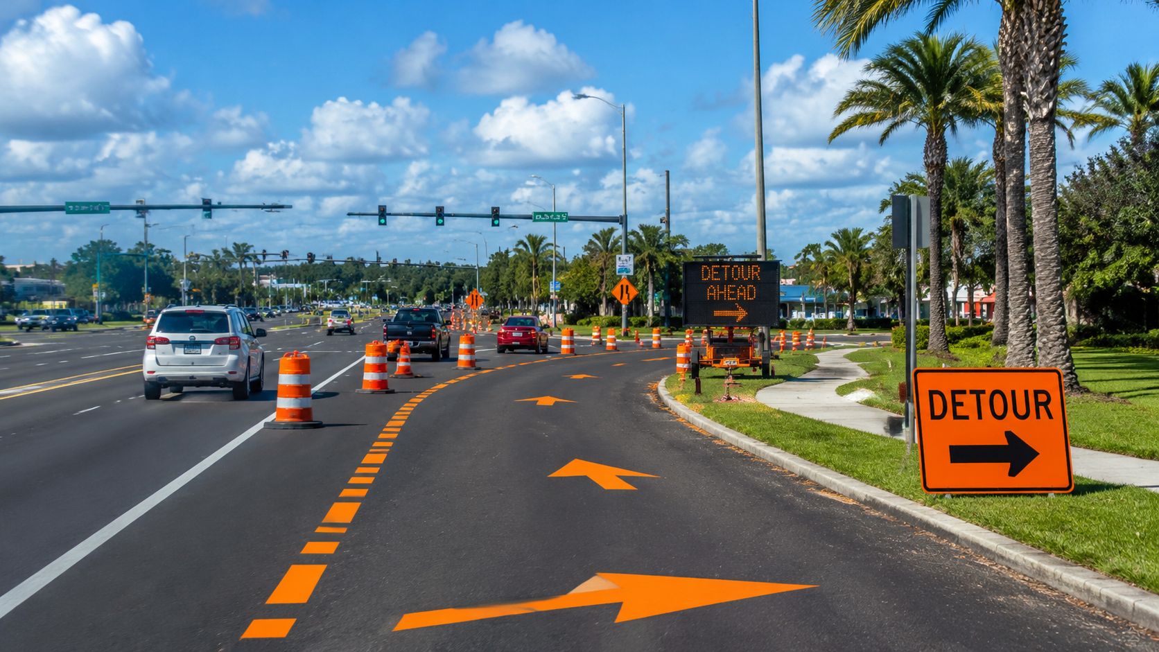 Orange detour signs and temporary pavement markings guide traffic on a sunny multi-lane road with palm trees.