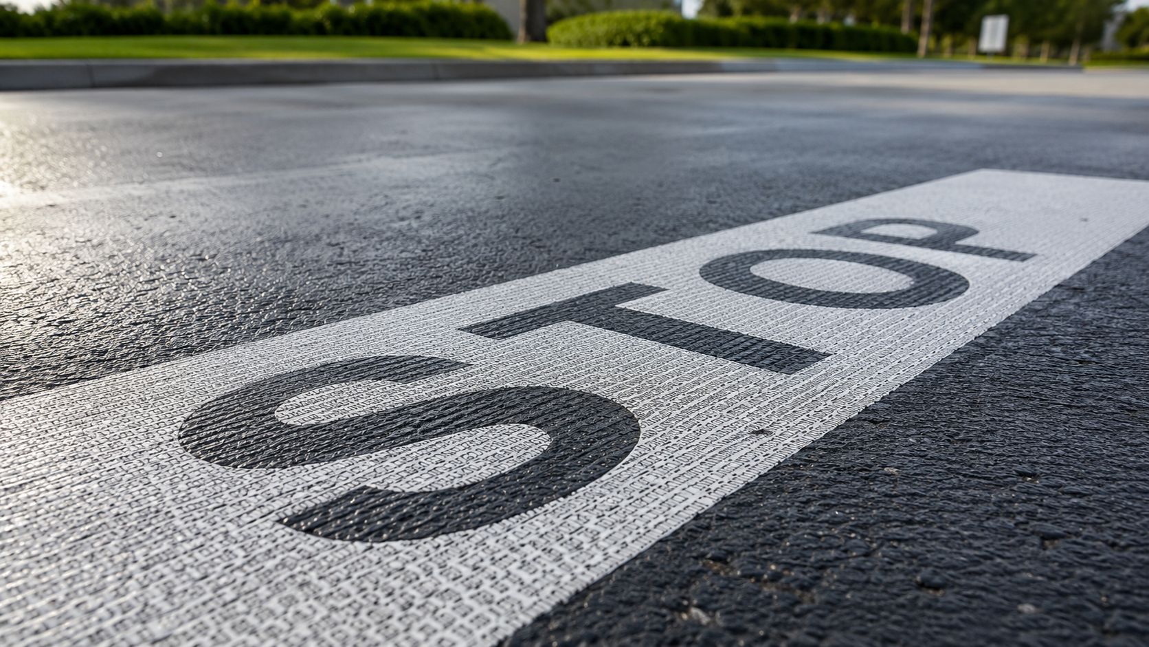 A close up view of a painted white STOP sign on dark asphalt pavement outdoors.