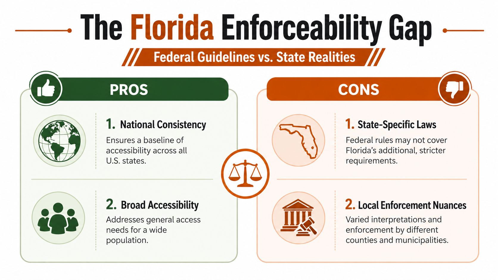 A comparison chart outlining pros and cons of federal guidelines versus Florida state accessibility enforcement requirements.