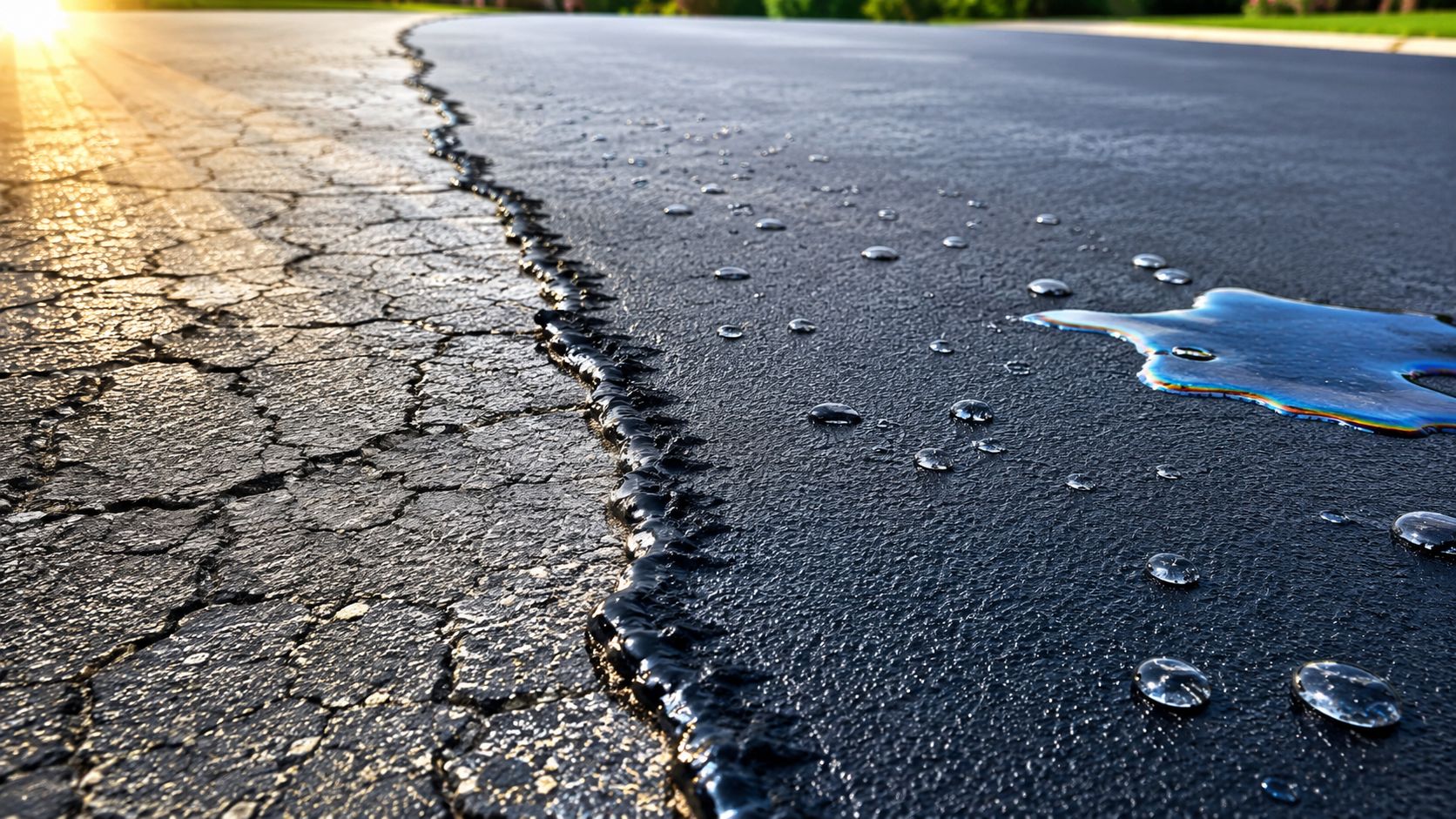 A close-up view of an asphalt driveway showing cracked pavement surface next to a freshly sealed section.