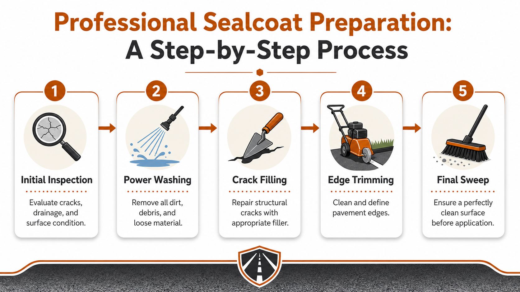 A five-step infographic showing the professional preparation process for applying sealcoat to asphalt pavement surfaces.