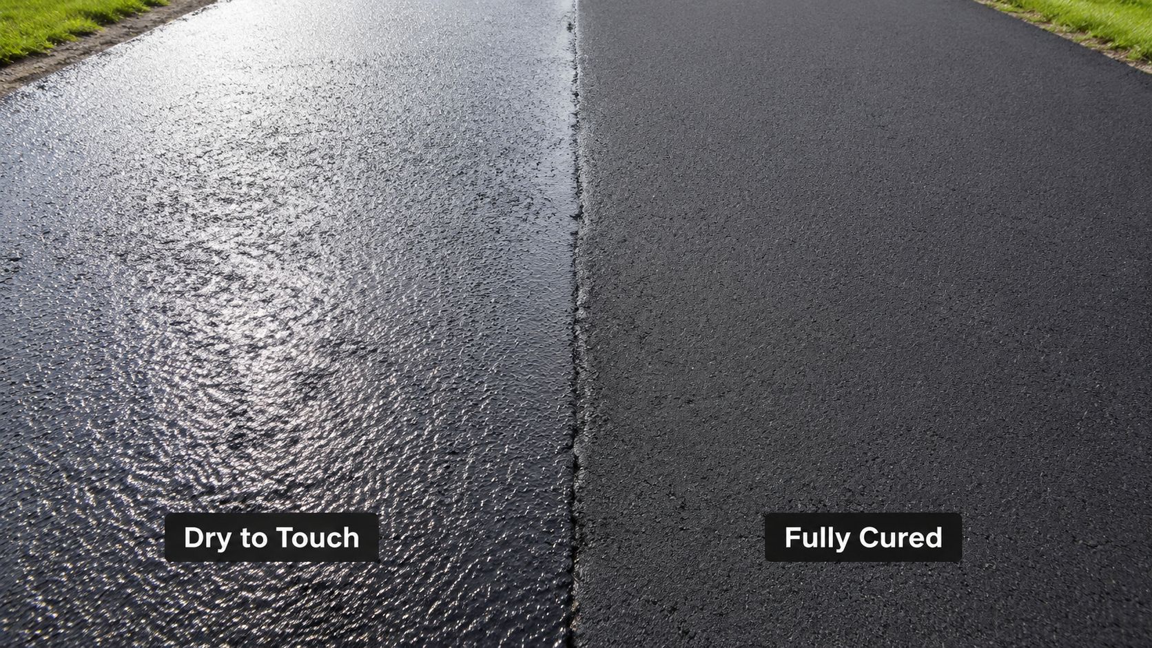 A split comparison of an asphalt driveway showing wet dry to touch surface versus fully cured finish.
