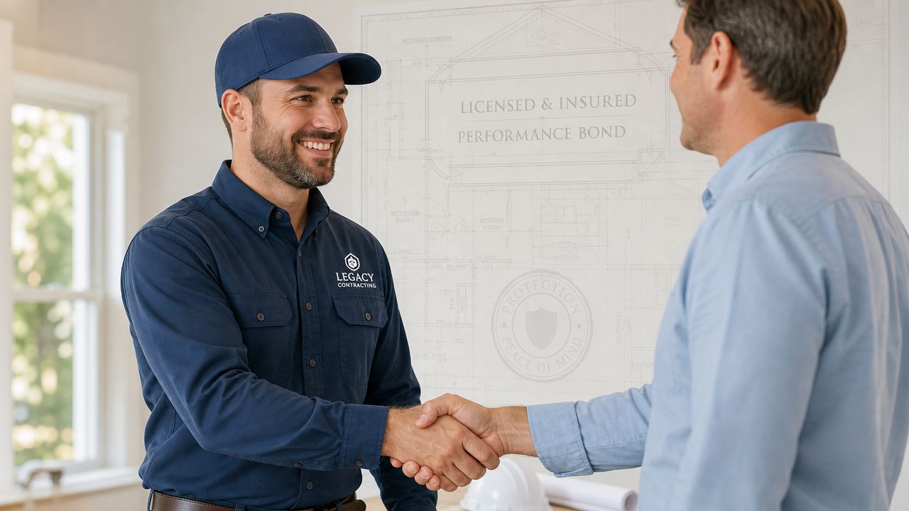 A smiling contractor in a blue uniform shaking hands with a homeowner inside a house.