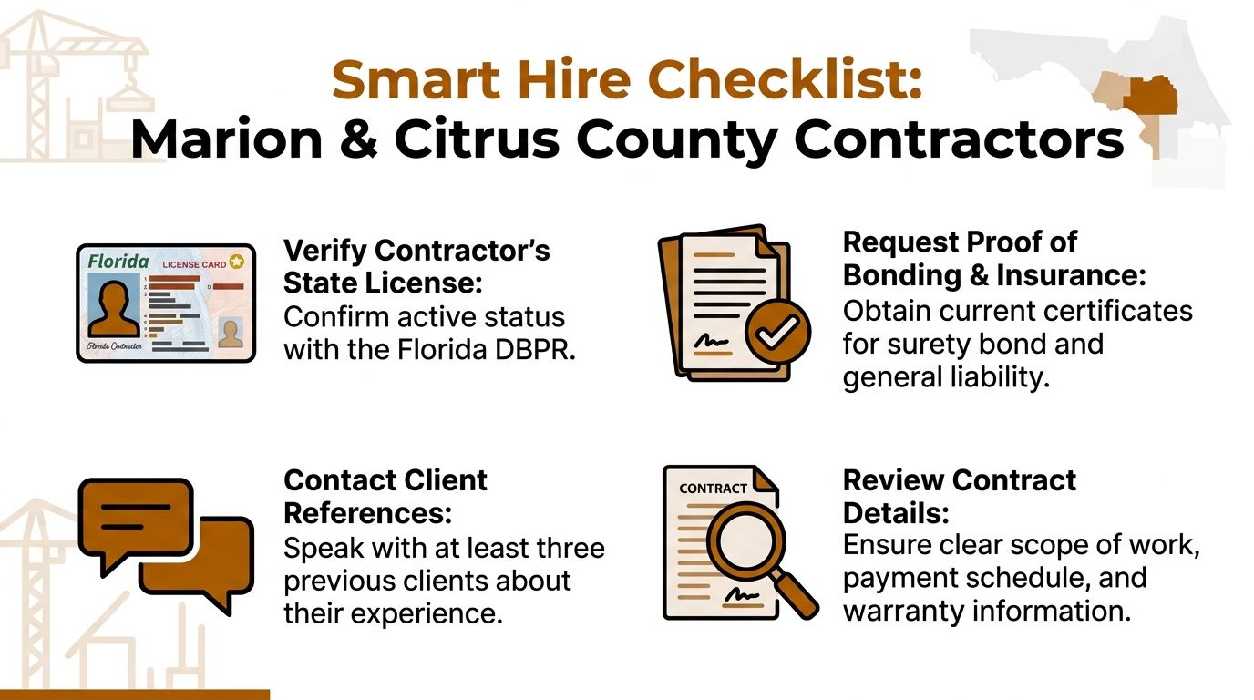 A checklist for homeowners in Marion and Citrus County to verify, bond, and hire professional contractors.